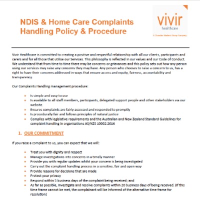 Vivir Healthcare NDIS Complaints and Policy Procedure